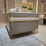 White & Brown Leather Sofa with Smooth Surface Craftsmanship, Natural Wood Veneer & Gold Stainless Steel Trim